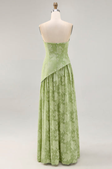 Floral Strapless Printed Sage Green Bridesmaid Dress with Slit